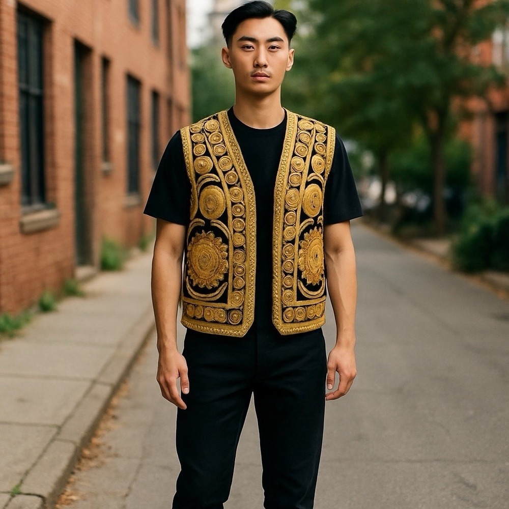 Turkish Black Velvet Waistcoat Ottoman Embroidered Vest with Mirrors & Pearls M.